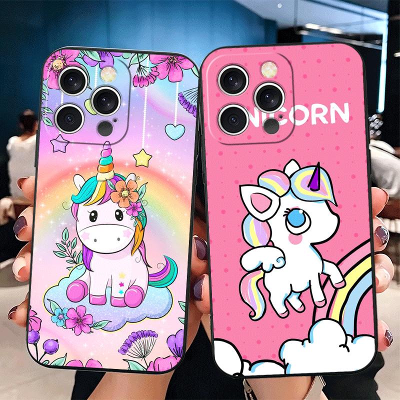 Pink Unicorn Rainbow Soft Phone Case for iPhone 16 16E 17 Air 15 Pro Max 14 Plus 13 Mini 11 12 7 Black Cover Back Shell