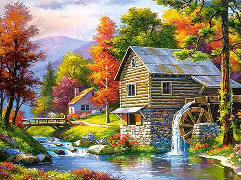 5D DIY Full Drill Landskap Diamantmålningskit och Verktyg