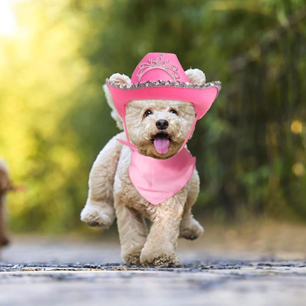 Pet Pink Cowboy Hat Costume Accessory Set Dog Cat Size Pink Cowgirl Princess Hat for Cat Puppy Western Costume Daily Wearing