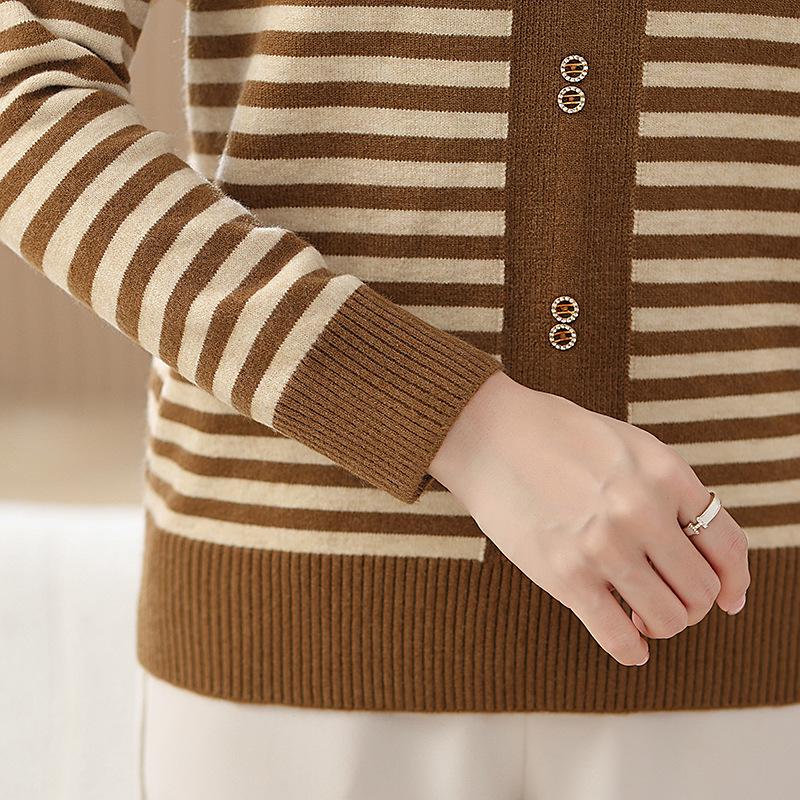 Elegant Women's Striped Knit Sweater with Turn-Down Collar - Versatile Fall Fashion for Moms