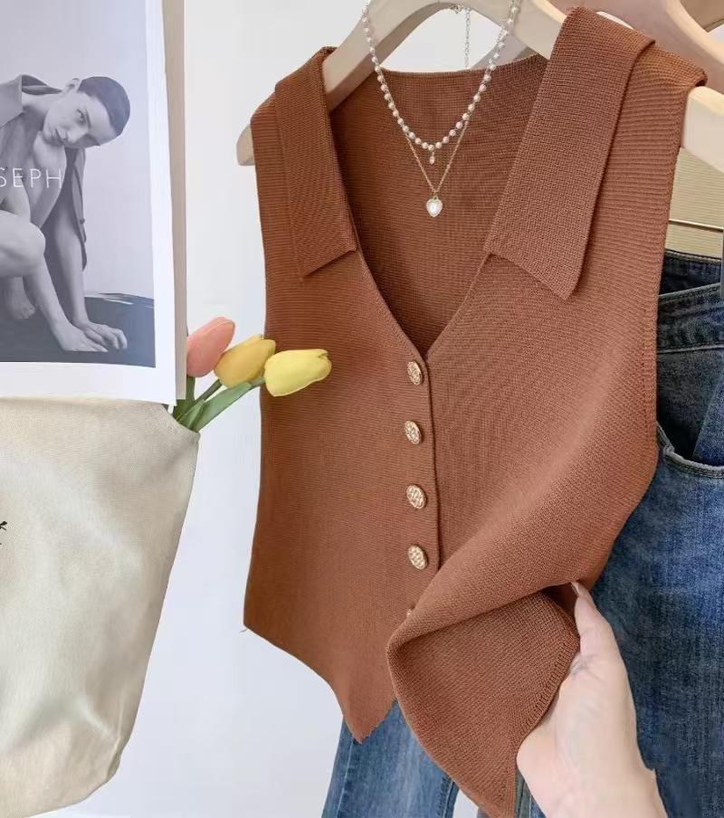 Vest French V-neck Single Breasted Sleeveless Slim Knitted Vest For Women