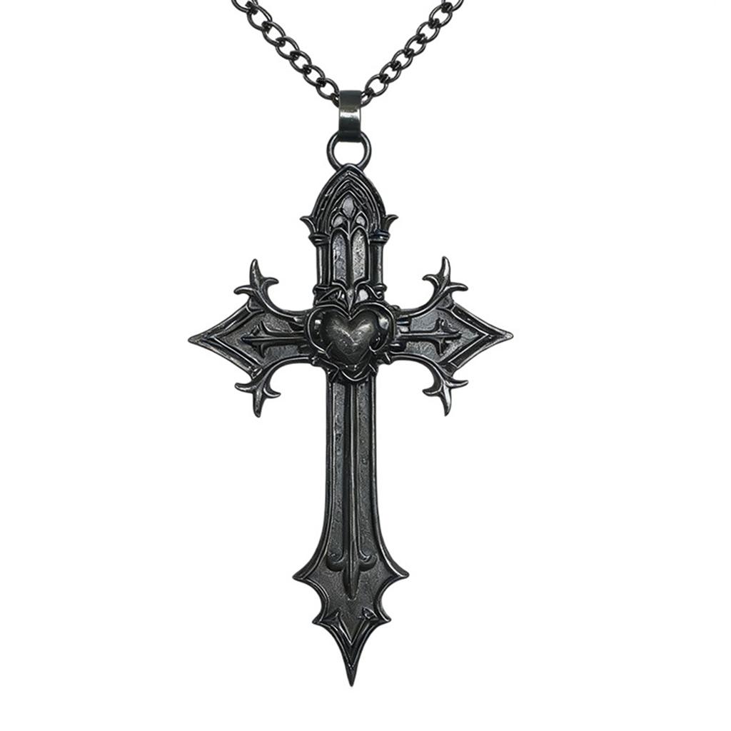 Stylish Gothic Inspire Necklace With Intricate Crosses And Heart Detail