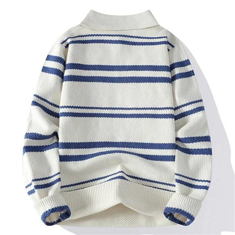 Autumn Winter Men's Striped Polo Collar Knitted Sweater Youthful Vitality Long Sleeve Turn Down Collar Casual Knit Pullovers Men