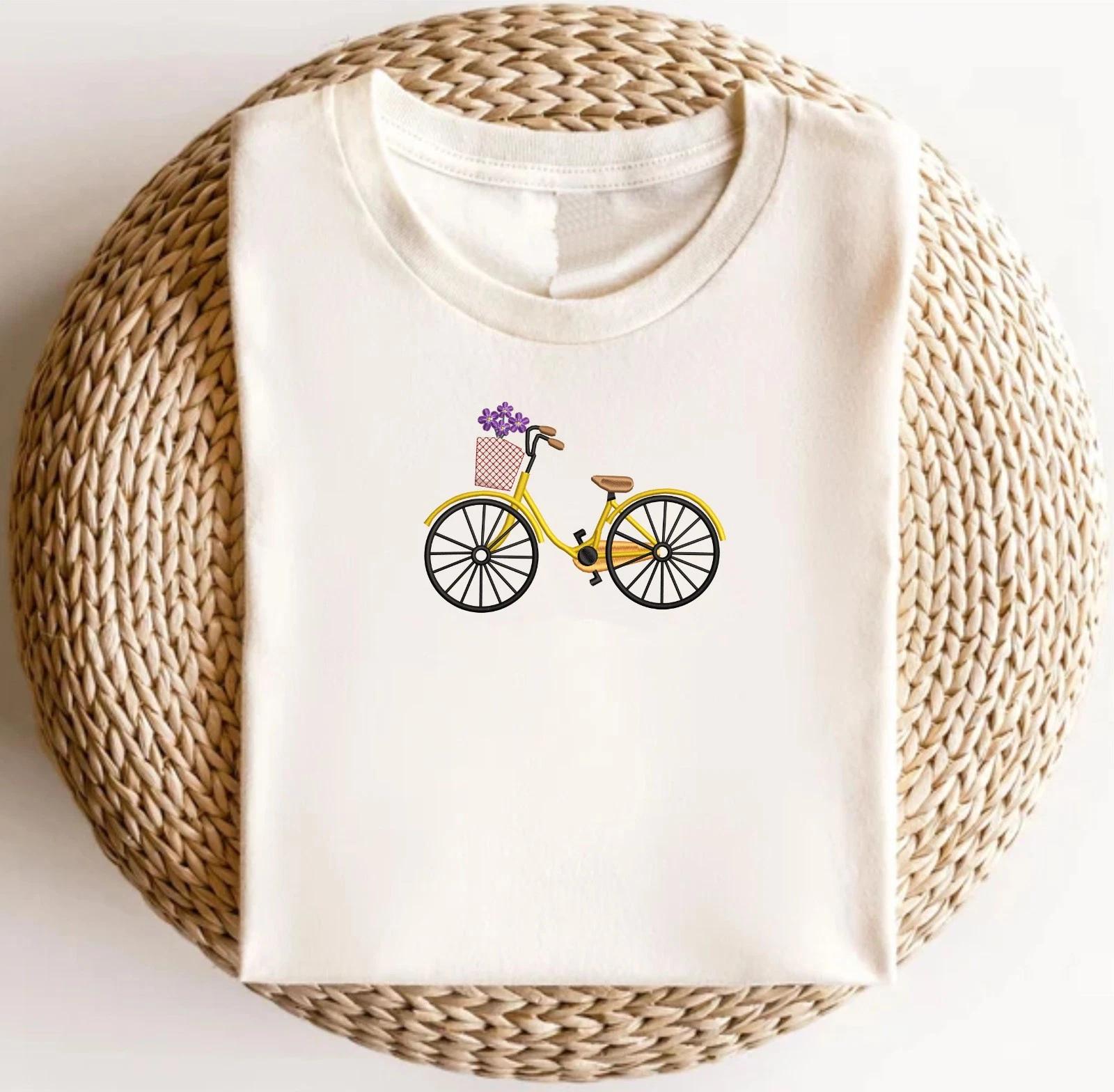 Embroidered Bicycle Tshirt, Bicycle with Flower Basket Shirt, Cycling Lovers Tee M