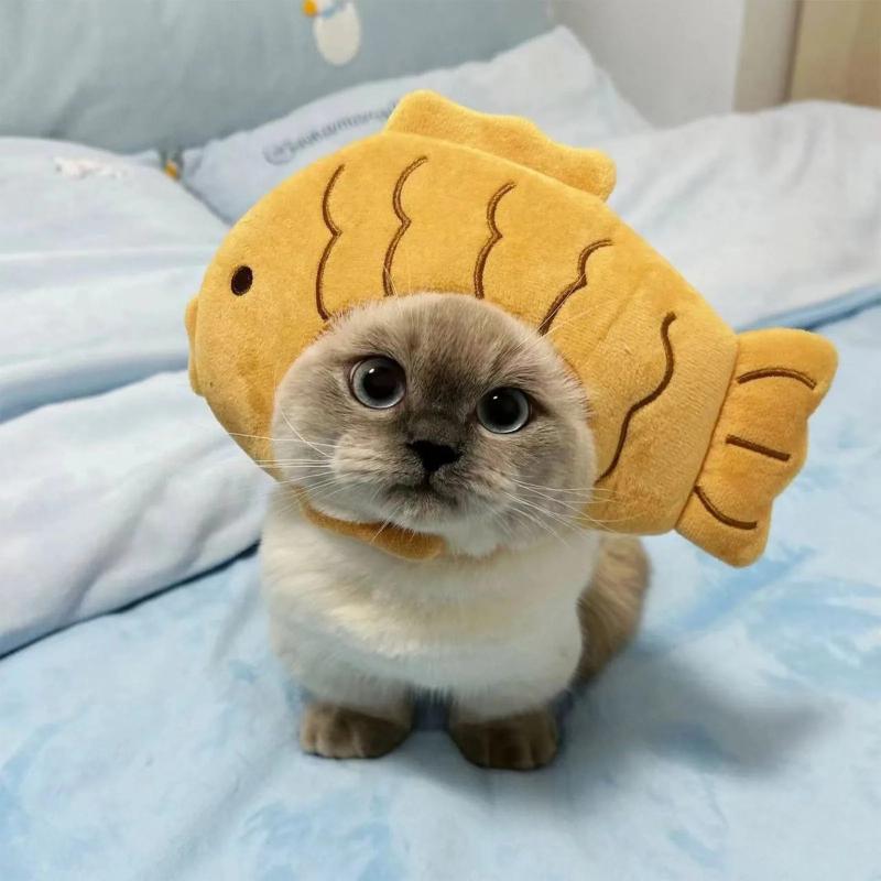 Little Fish Cat Hat, Pet Fashion and Versatile, Plush Head Cover, Cute Cat and Small Dog Universal Hat, Adorable Pets
