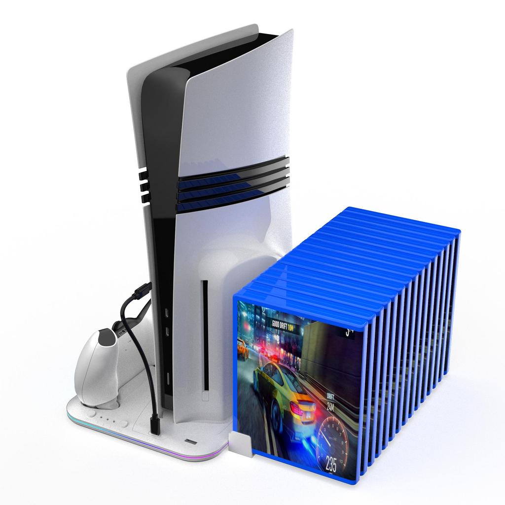 PS5 Pro/Slim Ultra-Thin RGB Cooling Base & Controller Charging Dock with Game Disc Rack