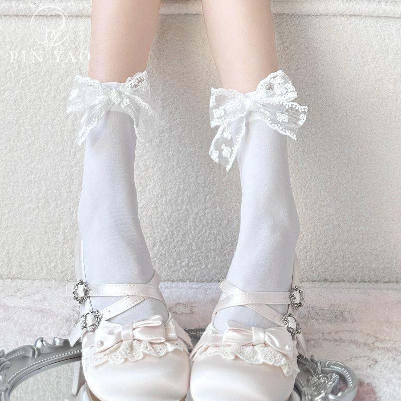 Beige Lace Bow Lolita Ankle Socks - Butterfly Design