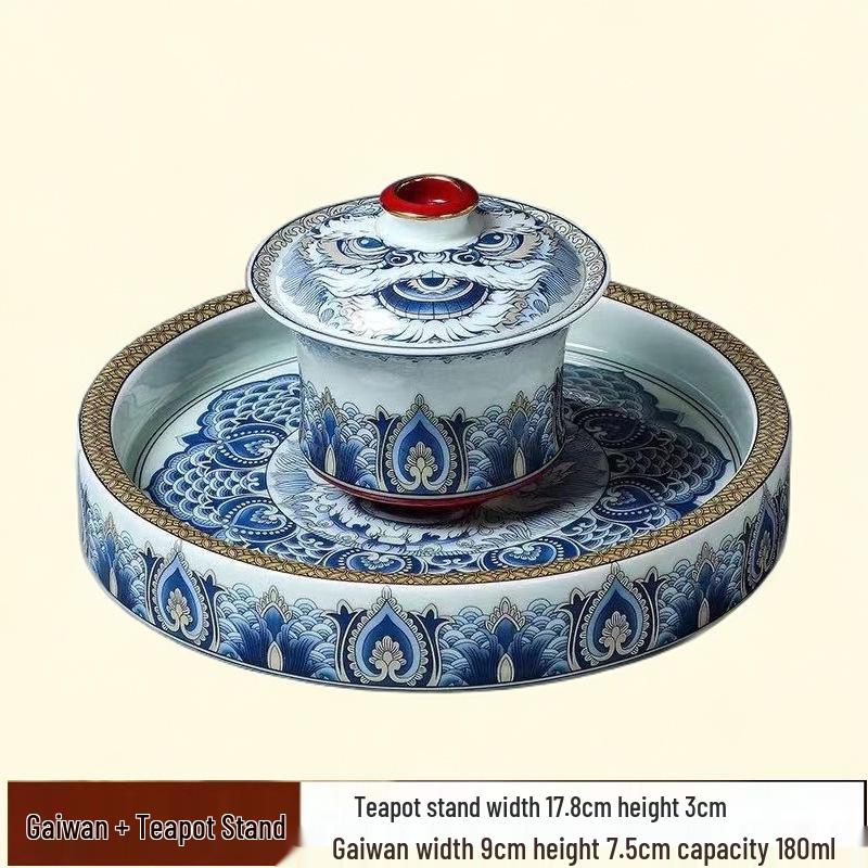Blue and White Porcelain Lotus Kung Fu Tea Set: Enamel Teacup, Hovering Lid, Teapot, Saucer, and Master Cup.