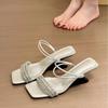 Delicate Ernie! Temperament Square Head Rhinestone with Two Words, Wearing Slope Heel Sandals for Women's 2025 Summer Open-toed Sandals