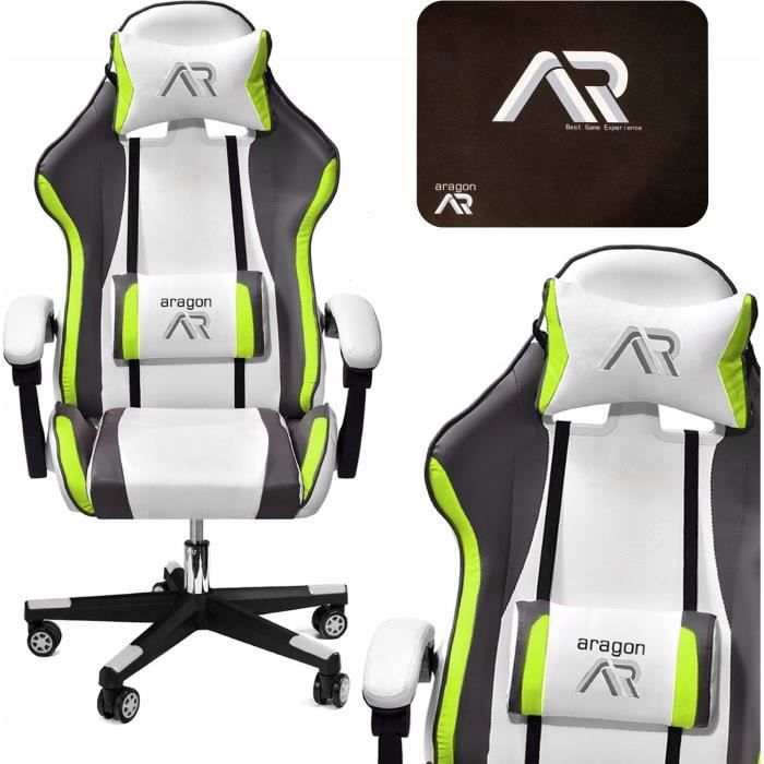 Chaise de jeu chaise de bureau ergonomique en cuir écologique blanc-gris-lime