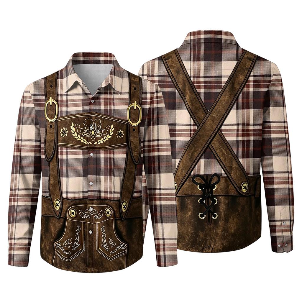 Men’s 3D Printed Loose Fit Turn-Down Collar Long Sleeve Shirt Vintage Plaid Design Casual Retro Style for Festivals Outdoor Parties