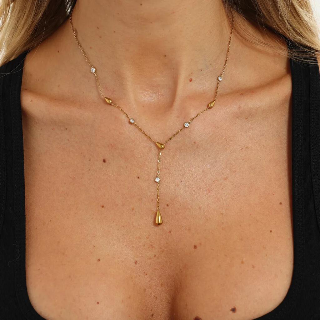 New Elegant 18k Gold Plated Stainless Steel Waterdrop Pendant Necklace for Women Retro Inlay Glass Zircon Ear Jewelry Gifts