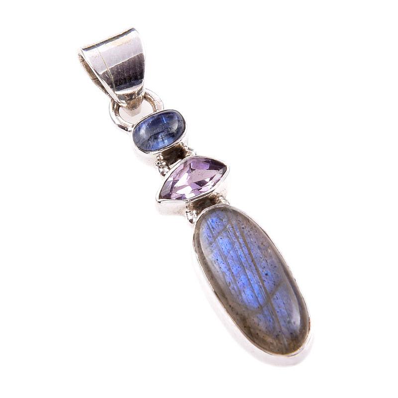Natural Labradorite,Pink Amethyst 925 Solid Sterling Silver Pendant 1.75'' i4G38