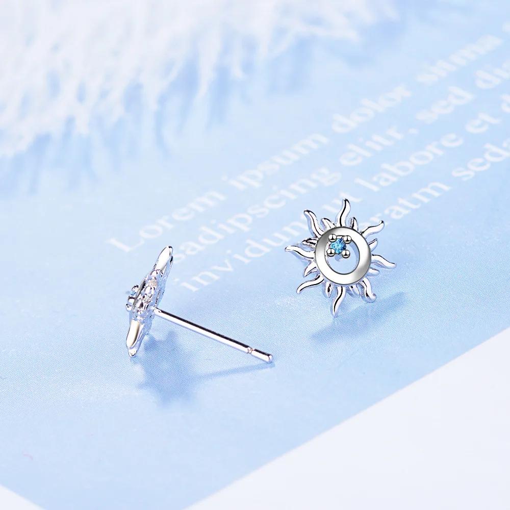 925 Sterling Silver Blue Crystal Zirconia Hollow Sun Stud Earrings for Women Cute Sun Gold Silver color Fashion Party Jewelry