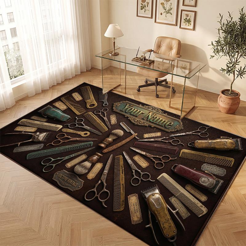 Barber Salon Theme Soft Crystal Velvet Rug Custom Name & Text Print Non Slip Floor Rug for Bedroom Living Room