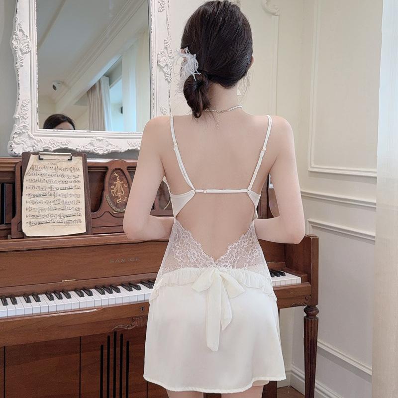 New Women's Summer Ice and Snow Silk Pajamas Ice Silk Sexy Suspender Pajamas Homewear French Pajamas Lace with Chest Pad