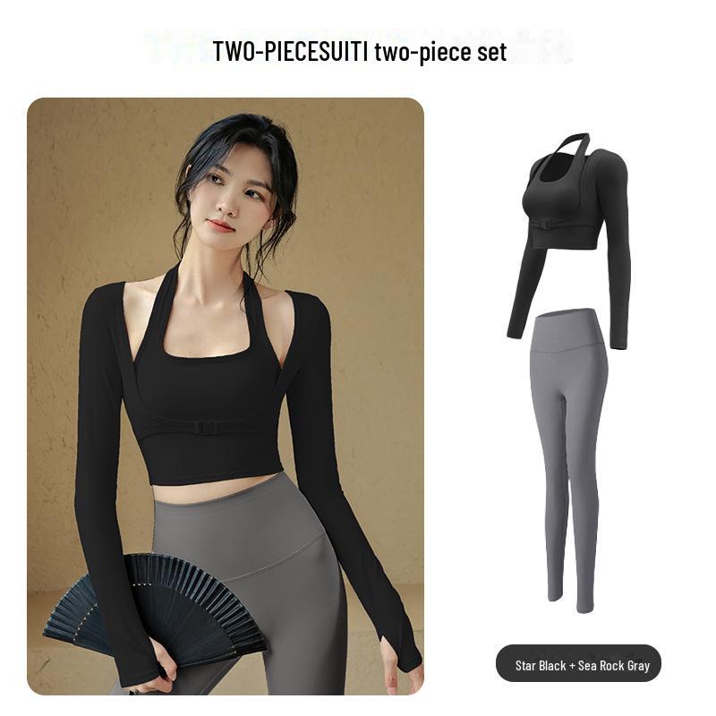 Spring Quick-Dry Running Fitness Suit: Two-Piece Long-Sleeve Yoga Top with Fixed Chest Pad
