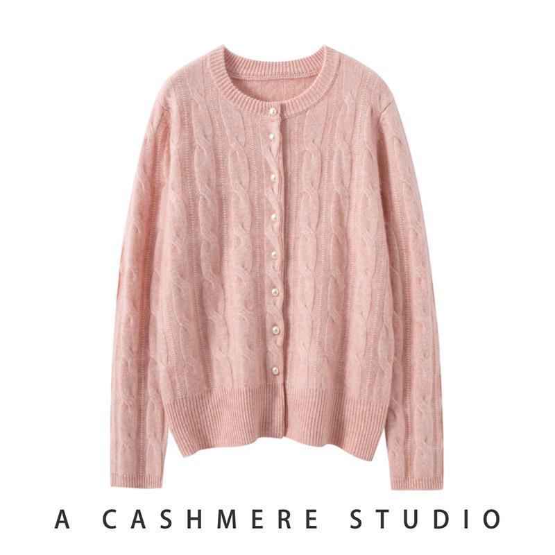 2025 Fall/Winter Women's Cashmere Pearl Button Cable Knit Cardigan - Round Neck, Solid Color, Loose Fit Sweater Coat