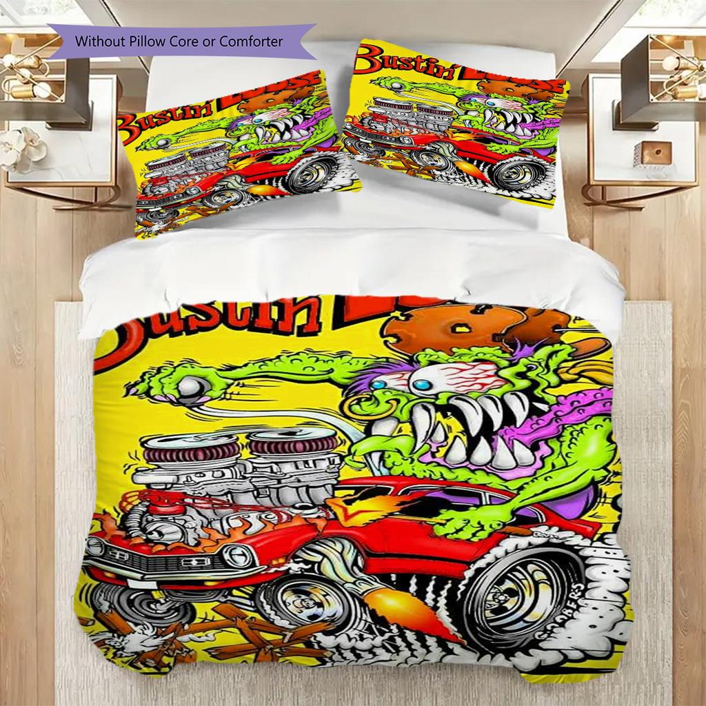 Boss Mustang Rat Fink Chaos Bedding (1 * duvet cover + 2 * pillowcase, without core) 2D Flat Bedding set Soft and comfortable Christmas birthday gift