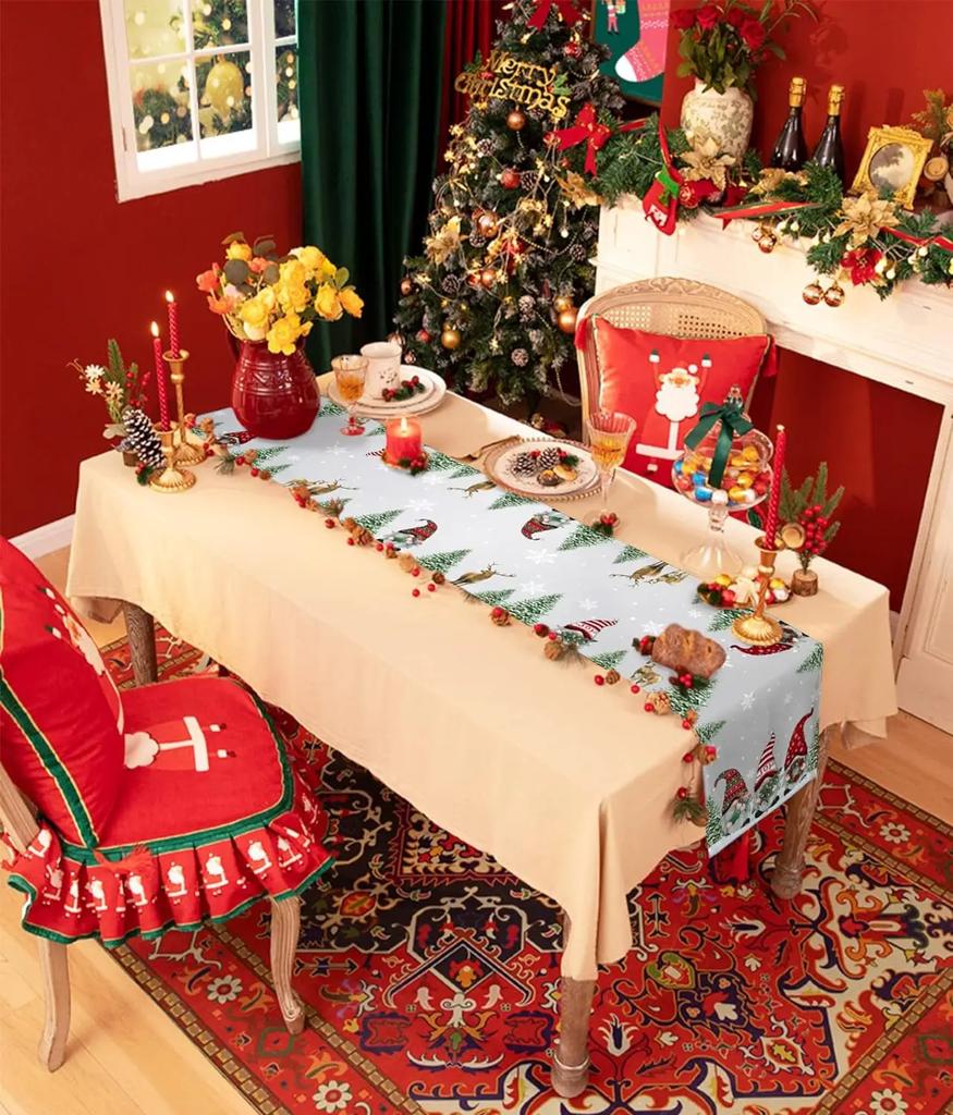 Christmas Gnomes Snow Tree Grey Linen Table Runners Wedding Party Decor Washable Xmas Dining Table Runners Navidad Decorations