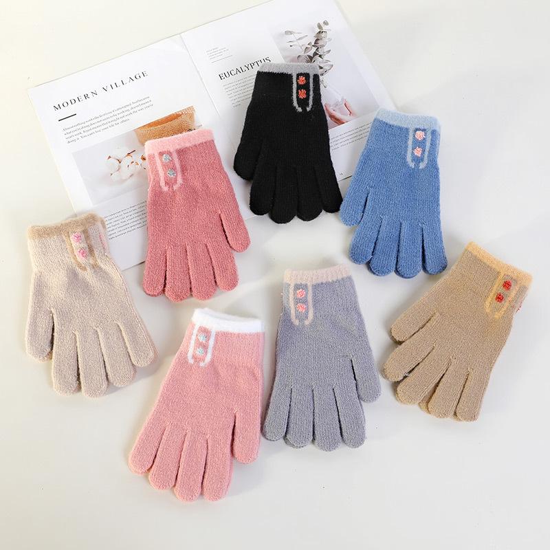 Cute Knitted Gloves Women Winter Thickened Warm Riding Electric Car Full Finger Students Writing Winter AY