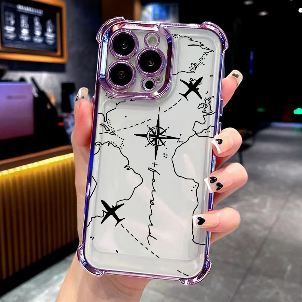 Travel Airplane Route Design Plating Phone Case For vivo Y39 Y29 V40 Y38 Y200i Y03 Y200 V29e V27 Y17s Y78 Y36 Y27 Lite Pro 4G 5G