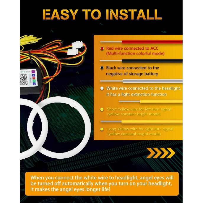 Qasim Angel Eyes Halo Rings Cotton Lights 12V 70MM RGB LED Universal for Car Scooter Motorcycle DRL Fog Light Turn Signal Light APP Bluetooth Control