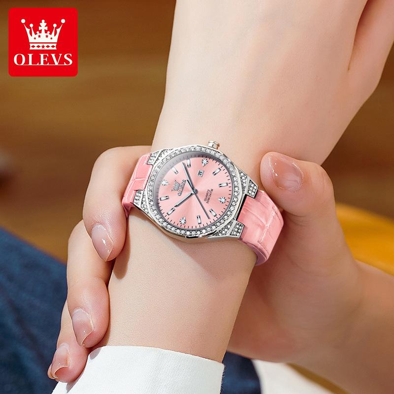 OLEVS Women's Watches Pink Watch Girl for Women Leather Strap Waterproof Full Diamond Bezel Elegant Ladies' Watches