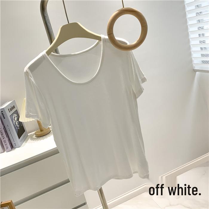 Modal Cotton Women's Grey-Green Loose Short Sleeve Round Neck Top - Soft, Skin-Friendly, and Versatile for Inner or Outer Wear.