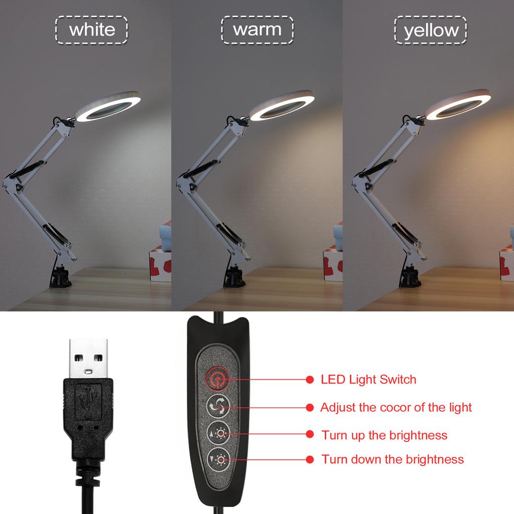5X Lupe Schreibtischlampe Vergrößerungsglas LED-Licht Faltbare Leselampe mit drei Dimmmodi USB-Stromversorgung