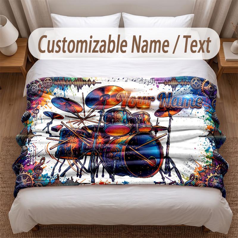Music Drums Theme Soft Blanket Personalized Custom Name Text Print Warm Blanket Home Sofa Bedroom Decor