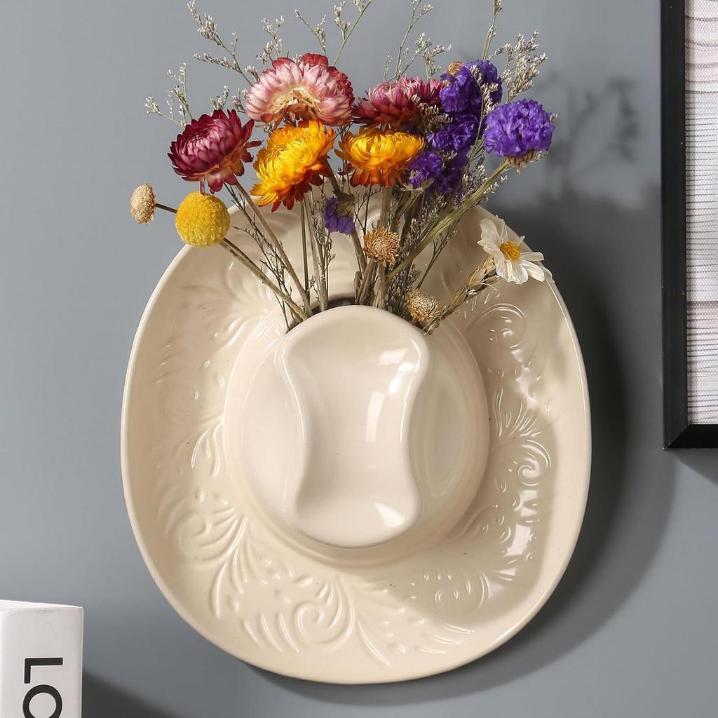 Ceramic Vase Hat-shaped Flowerpot Cowboy Hat Wall-mounted Decoration Three-dimensional Floral Hanging Pendant Flower Vase