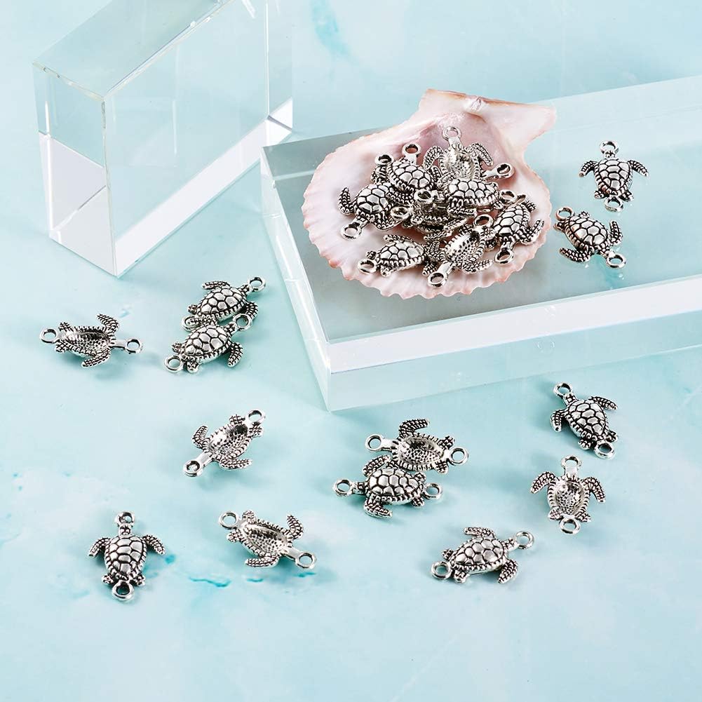 FASHEWELRY 50Pcs Antique Silver Sea Turtle Charm Links 21x14.5mm Tibetan Double Loops Sea Creature Animal Pendant Connectors for Jewelry Making Hole: