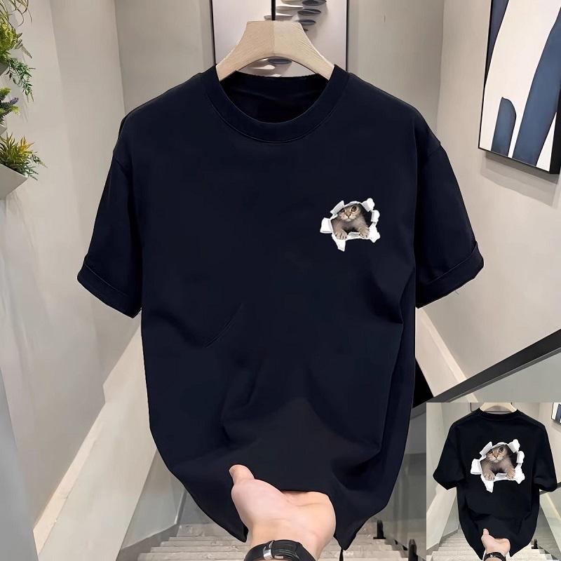 Summer Round Neck Cat Printed Top Fashionable Casual Pure Cotton Short Sleeved Men's T-shirts