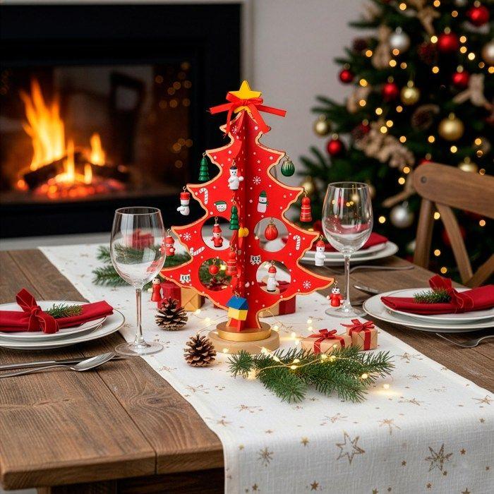Christmas Tree - SPRINGOS - 29 Cm - Wood with Figurines - Red Decoration - Eco-friendly