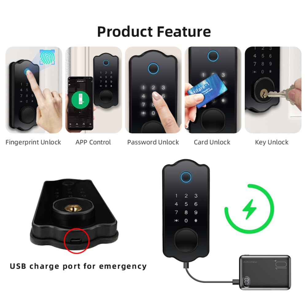 HEIYE Fingerprint Door Keyless Entry Smart Door Waterproof Auto TTlock IC Electronic Fingerprint Door Lock with Handle Lever Set for Front Doors Lock,