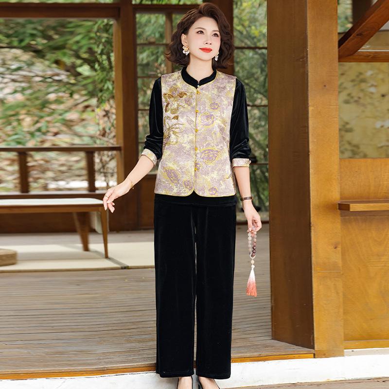 

Golden Velvet Chinese Style Mom Suit: Women s Fashionable Three-Piece Spring Set for Middle-Aged and Elderly. 2XL (110-125 lbs)
