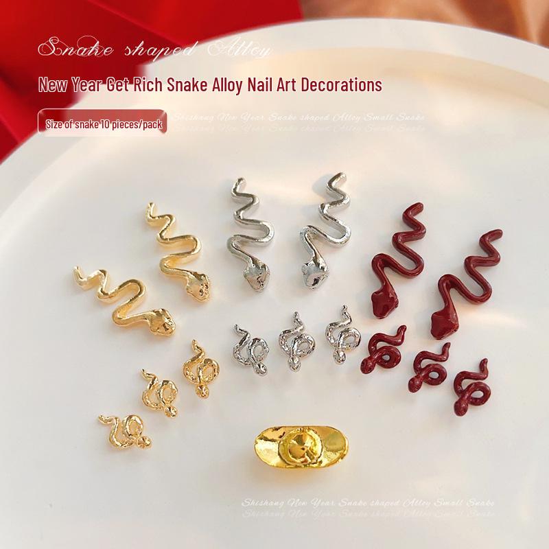 

2025 New Year Red Snake Alloy Nail Art Jewelry - Metal Rhinestones Press-On Nail Accessories