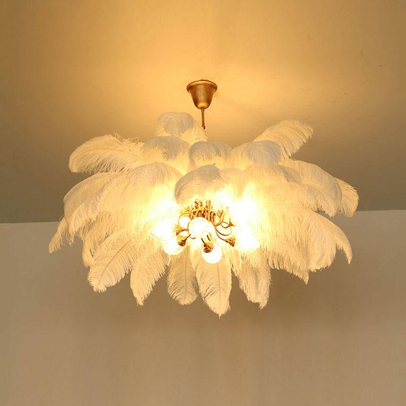 Lampu Gantung LED Bulu Burung Unta Alami Lampu Gantung Kamar Tidur Gantung Lampu Dekor Pencahayaan Restoran Lampu Gantung