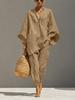 2026 Fashion Women's Solid Color, Casual Style Design Bat Sleeve V-Neck Lazy Loose Suit Women