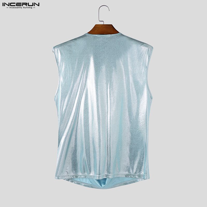 INCERUN Herren Niedriger Rollkragen Ärmellos Glänzend Metallisch Glitzer Bühne Performance Kostüm Party Tanktops