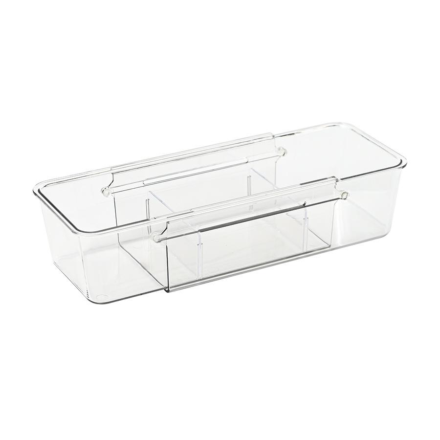 Expandable Transparent Storage Box with Dividers for Utensils, Cosmetics, and Sundries.