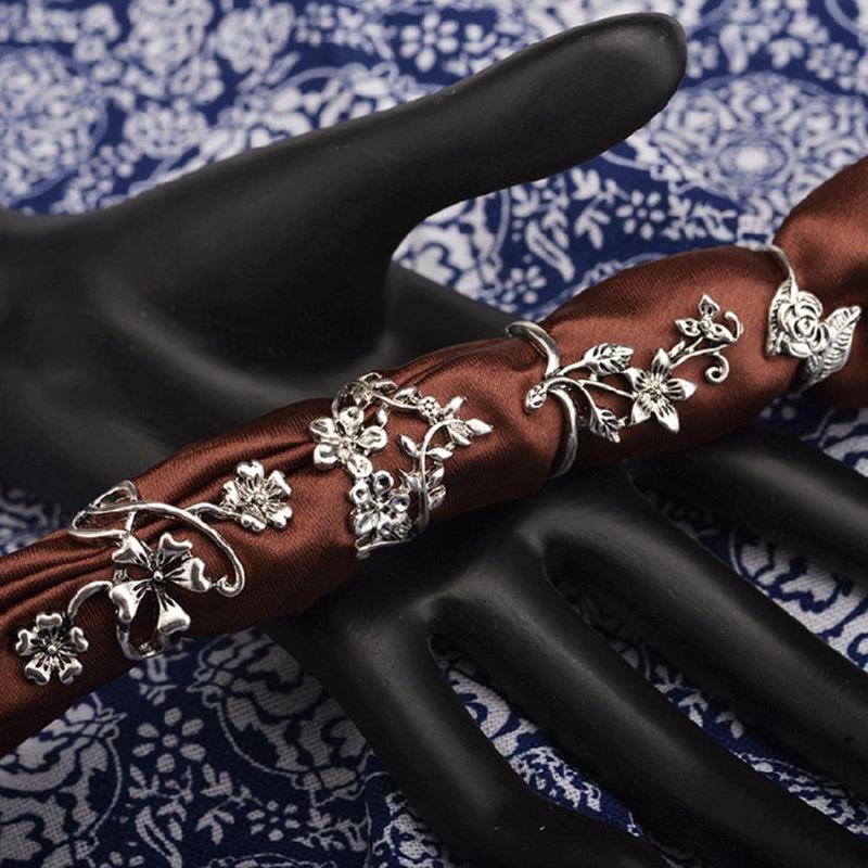 4Pcs Women Vintage Stereo Flower Leaves Midi Finger Knuckle Rings Set Jewelry