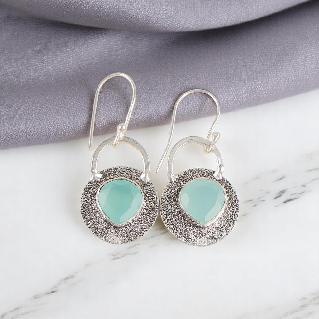 Aqua Chalcedony Gemstone 925 Sterling Silver Jewelry Handmade Earrings 1.30" EE-63-14