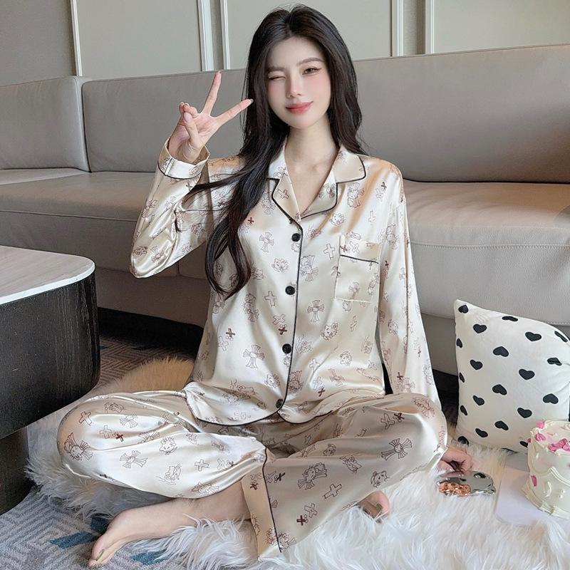 Light Luxury Retro High-End Leopard Print Star Ice Silk Pajamas Women'S Long-Sleeved Trousers Loungewear Set