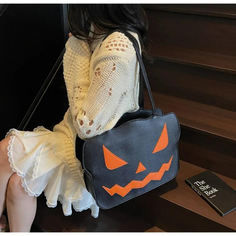 Portable Halloween Tote Bag Large Capacity Pu Leather Pumpkin Shoulder Bag Creative Quirky Dem Messenger Bag Festival