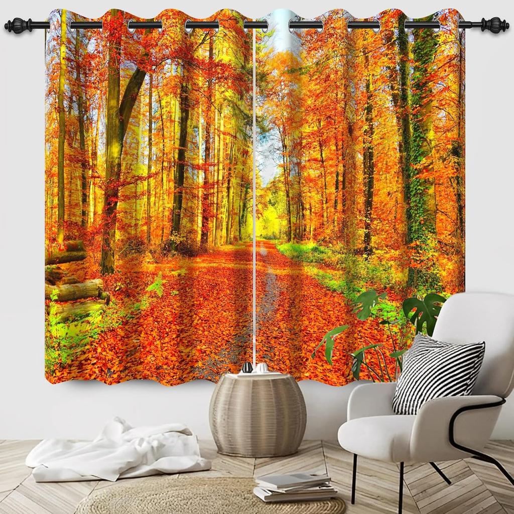 Orange Yellow Leaves Curtain Fall Scenery Forest Trees Window Drapes Panels Set Patio Office Living Room Curtains Light Blocking Polyester Great Decor
