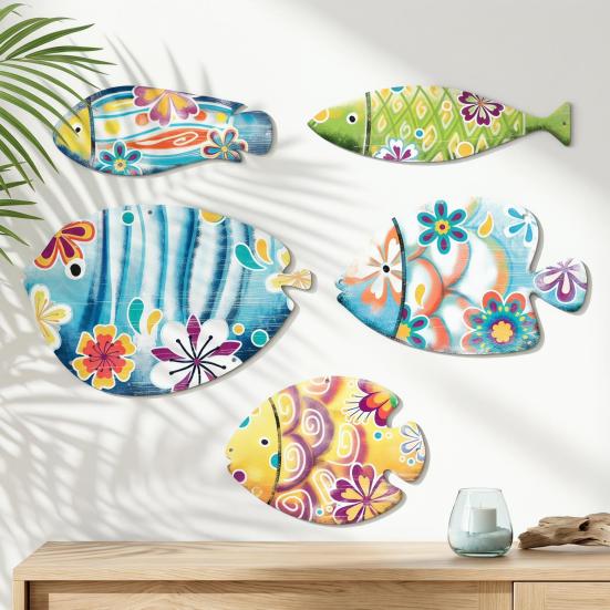 5 Pièces Poisson en Bois Décor Mural Nautique Rustique Suspendu Art Mural Plage Thème Océanique Côtiers Ornements pour Maison de Lac Salle de Bain Chambre