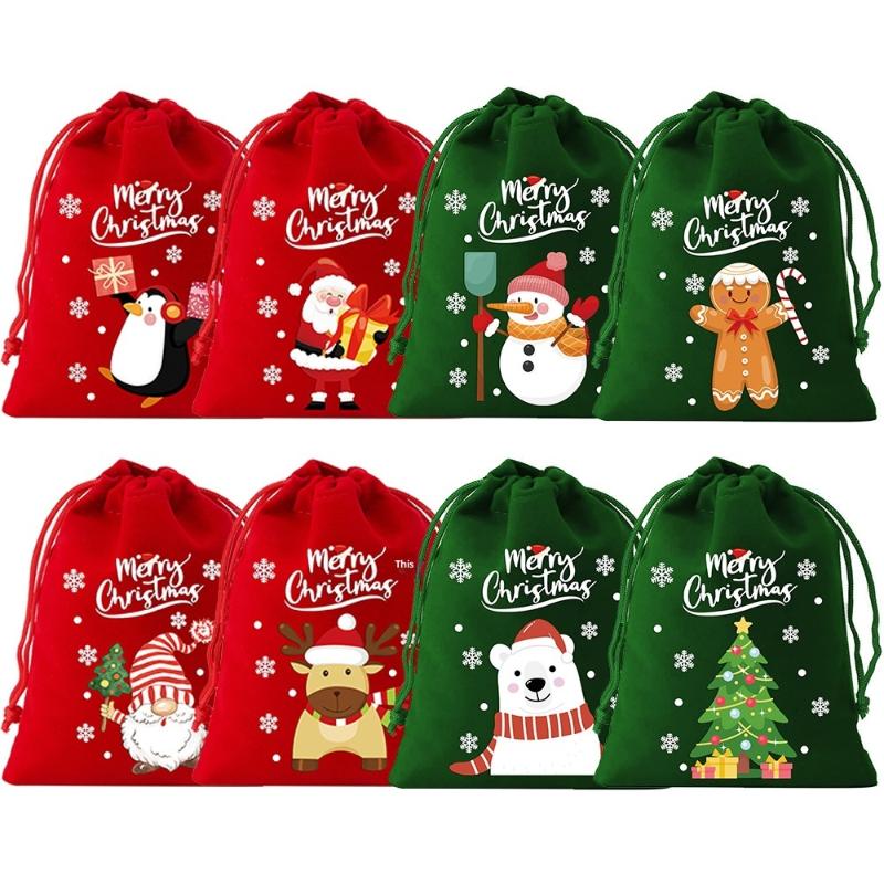 

12/8Pcs Christmas Velvet Bags Drawstring Candy Bag Red Green Gift Packaging Bag Year Storage Bags Year 2026 10x12cm 8pcs