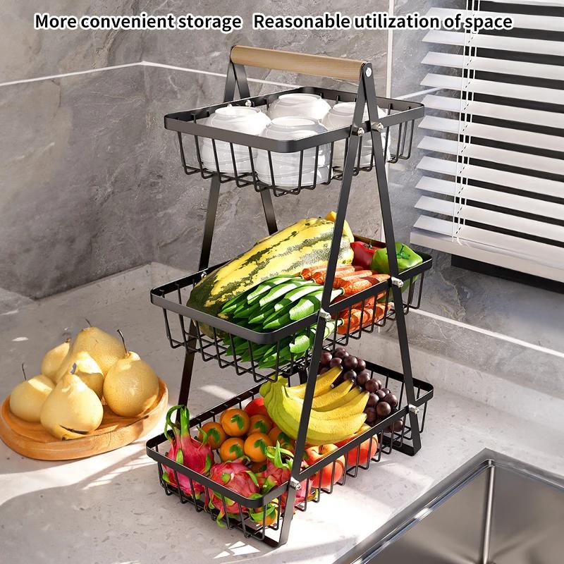 2/3 Tier Metal Fruit Basket Detachable Kitchen Countertop Storage Rack for Vegetables Snacks Bread Organizer